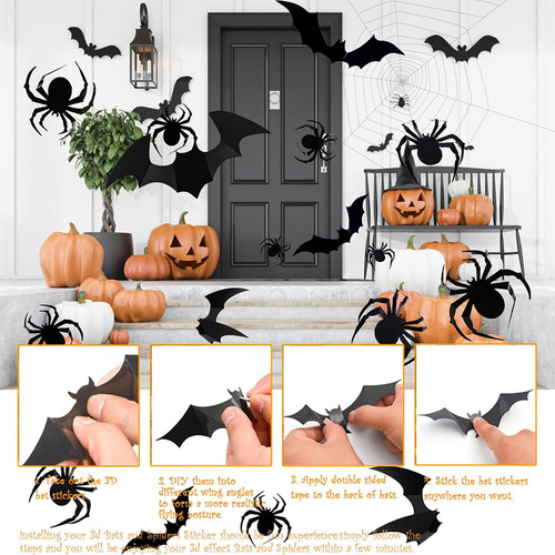 68PCS Large Halloween 3D Spider and Bat Wall Sticker Combination Halloween Decoration 3D Black Bat Sticker