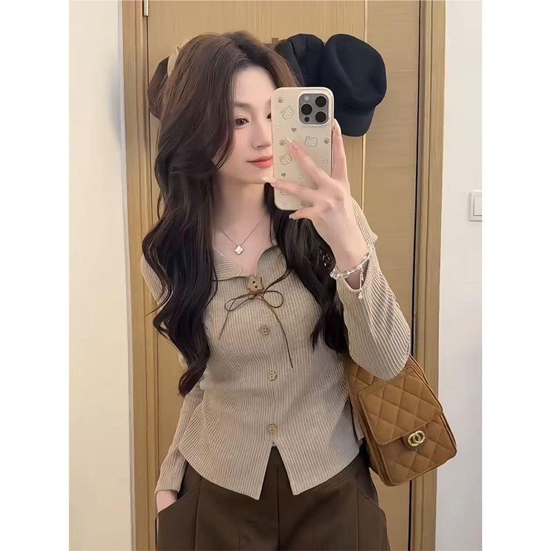 Pure Desire Style Design Lace-Up Long-Sleeve T-Shirt for Women, Early Autumn Unique Waist-Cinching Base Shirt, Niche Khaki Top