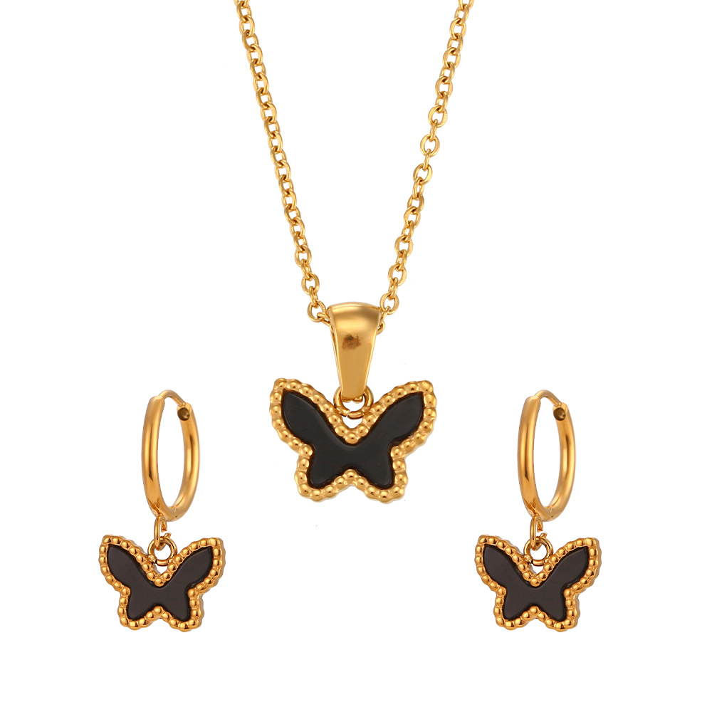 Fashion Simple Jewelry Acrylic Small Butterfly Pendant Stainless Steel Earrings Necklace Set