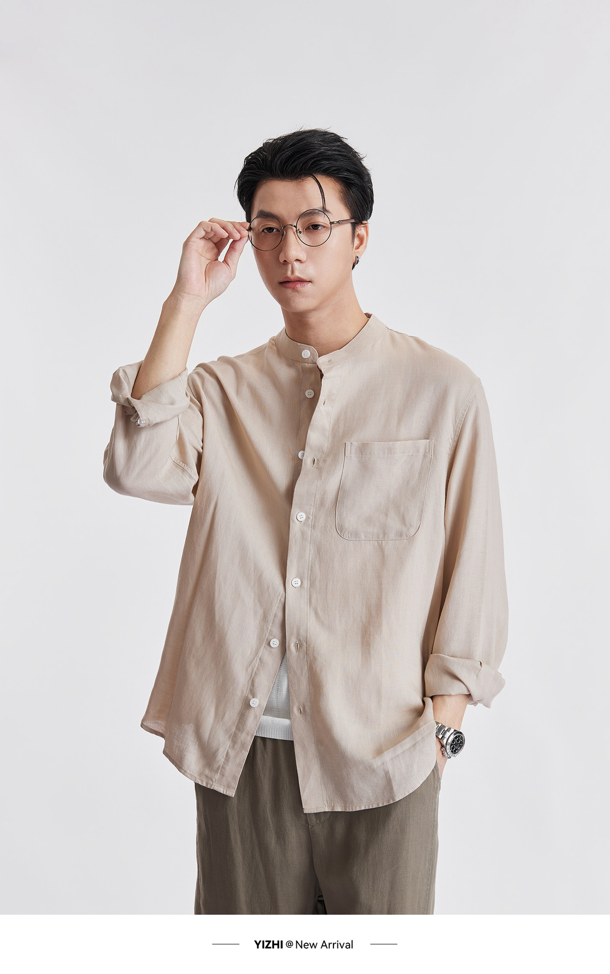 Áo sơ mi nam linen cổ đứng tay dài mùa hè, chất liệu lanh thoáng khí, phong cách Trung Hoa, túi đơn — Xanh navy chi tiết 27