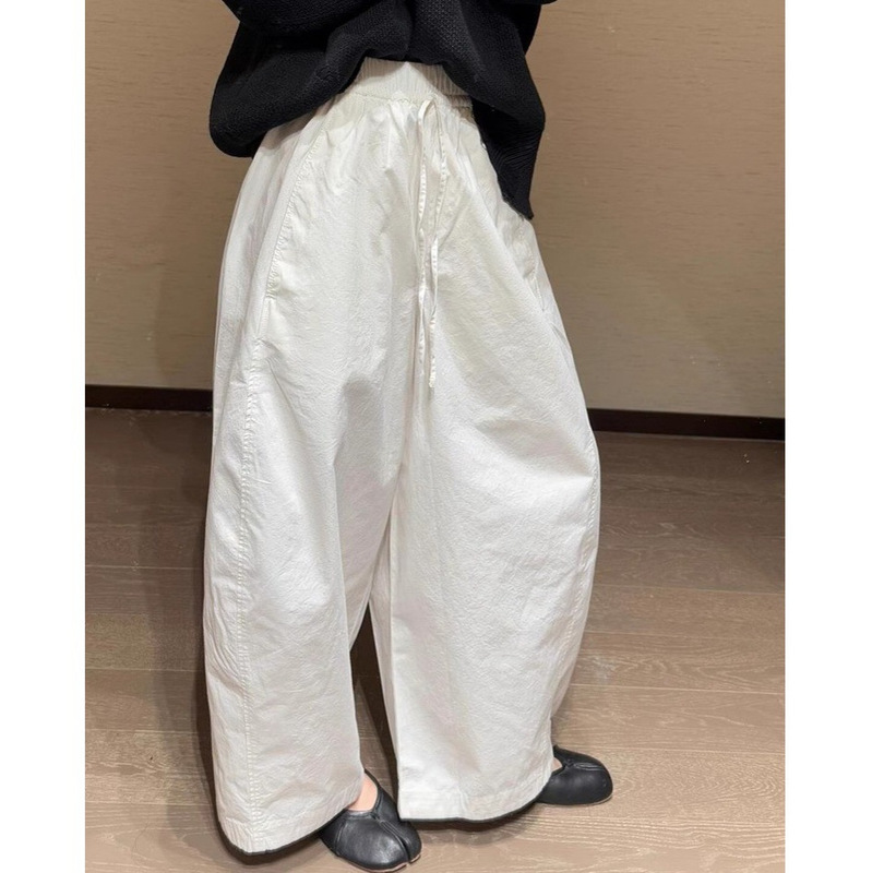 Highly Recommended! White Wide-Leg Casual Barrel-Shaped Pants for Women, Thin Drawstring Elastic Waist Sun Protection Pants, Casual Long Pants