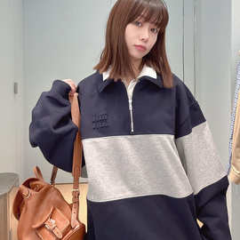 25SS早秋新款原标MIU缪家时髦风廓形宽松毛圈套头翻领卫衣男女