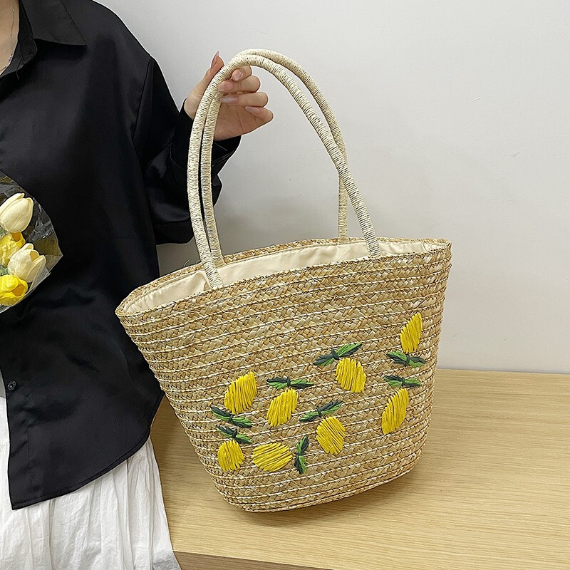 New Hand-Woven Straw Bag, Fresh Mango Embroidered Straw Bag, Tote Bag, Women's Handbag, Large Capacity Shoulder Bag