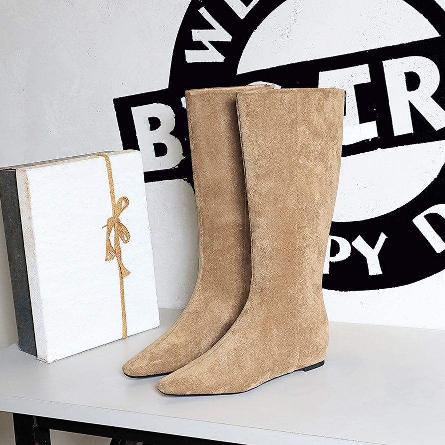 6632-35 Korean Style Women's Simple Fashion Versatile Mid Heel Wedge Hidden Height Increase Suede High Tube Boots_vogvips.com