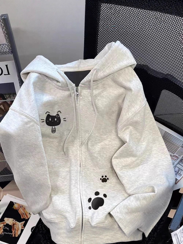 可爱猫咪印花小众设计感小众卫衣开衫男女百搭减龄时尚连帽外套潮|undefined
