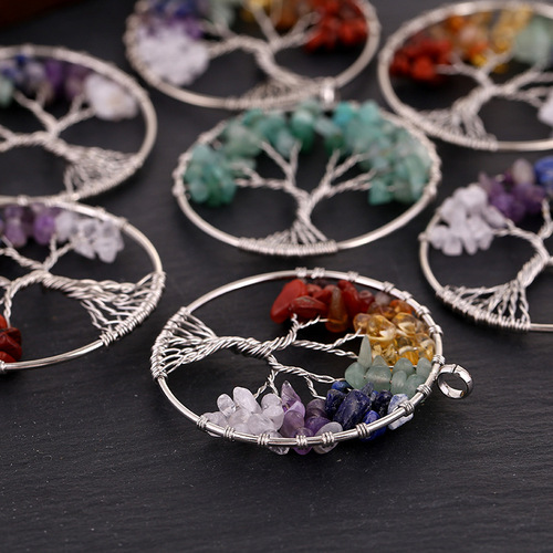 Cross-border natural gravel crystal tree of life pendant colorful wire wrapped money tree necklace diy jewelry accessories pendant