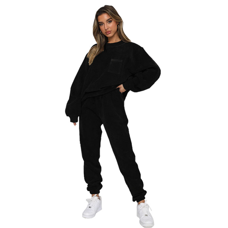 Women's Clothing Autumn and Winter New Corduroy Solid Color Round Neck Pullover Long Sleeve Two piece Fashion Pants Suit for Women_voghion.com