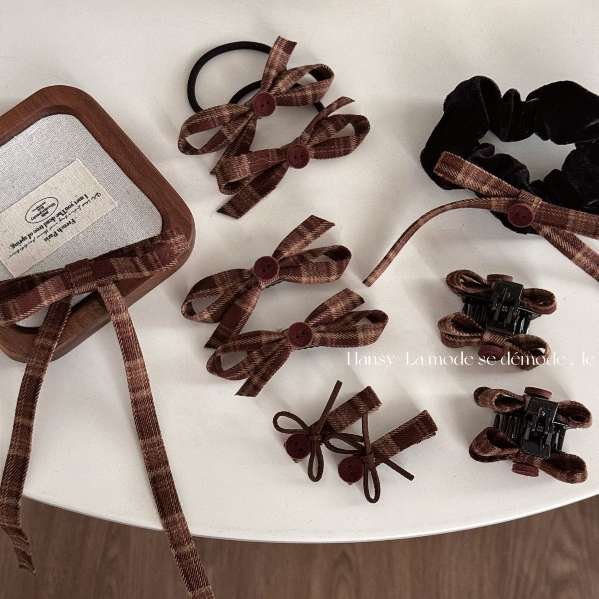 brown plaid bow button barrettes long streamer vintage maillard hair accessories new bang clip hair claw headdress