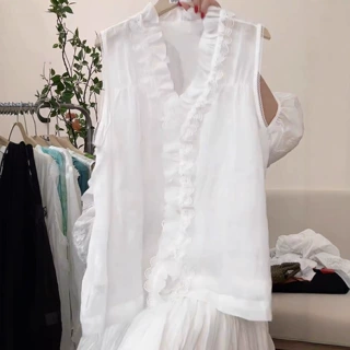 新款100%苎麻木耳花边背心上衣女韩系时尚百搭宽松显瘦衬衫女v领
