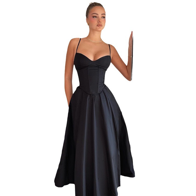 Transfronterizo de mujer francesa 2024 verano nuevo sexy V-collar vestido negro de espalda descubierta vestido sexy mujer image 6