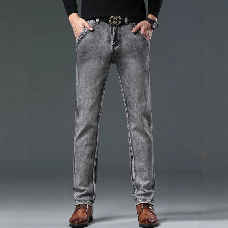 Cross-Border Hot-Selling 2026 Men's Slim Straight-Leg Solid Color Jeans with Unique Leather Tag Design in Gray Cross-Border Hot-Selling 2026 Men's Slim Straight-Leg Solid Color Jeans with Unique Leather Tag Design in Gray