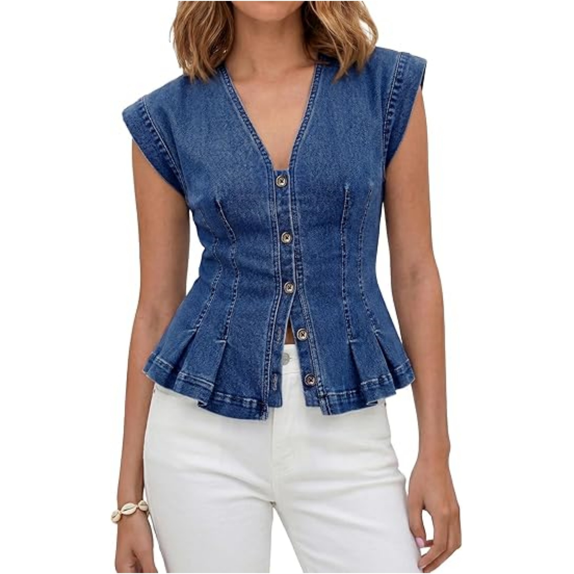 European and American Cross-Border Women's V-Neck Denim Vest Top, Fashionable Casual Buttoned Slim-Fit Pleated Sleeveless Denim Top 2