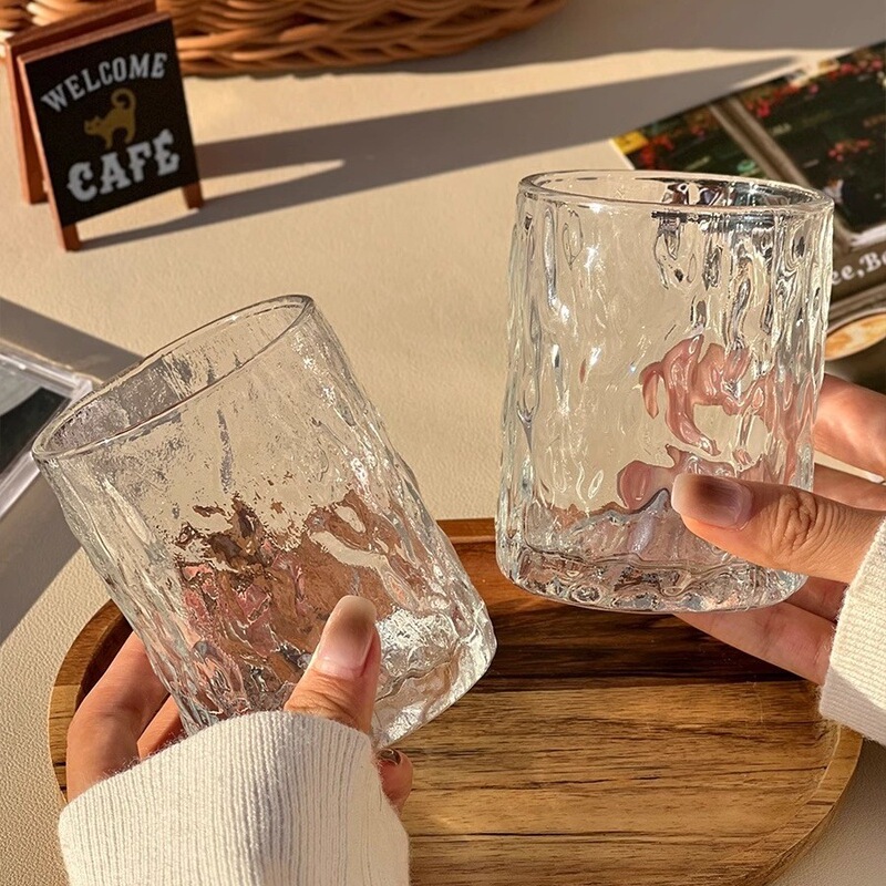 玻璃杯家用水杯威士忌酒杯小众高级感冰川纹水杯果汁饮料咖啡杯子|undefined
