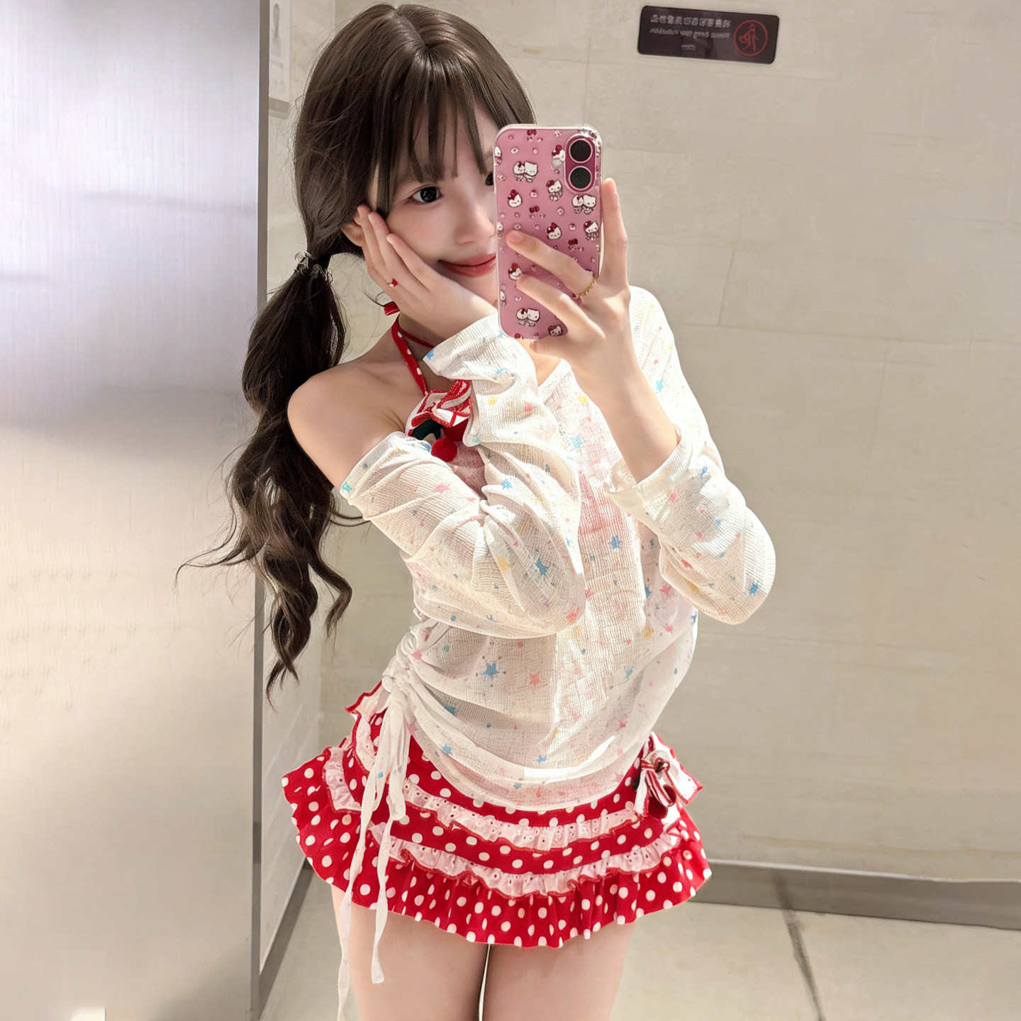 Women's Cherry Print Three-Piece Swimsuit Set with Halter Neck, Lace Ruffles, and Mesh Cover-Up, Youthful Style Swimwear