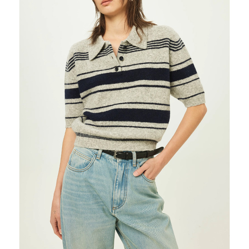 Fashionable Colorblock Striped Fluffy Lightweight Wool POLO Lassel Short Sleeve Sweater