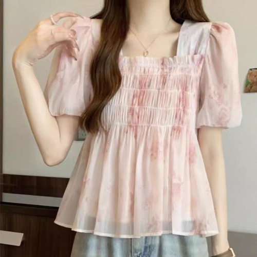 [Original workmanship] French floral short-sleeved shirt for women, summer fat mm, slimming loose temperament, ruffled square collar