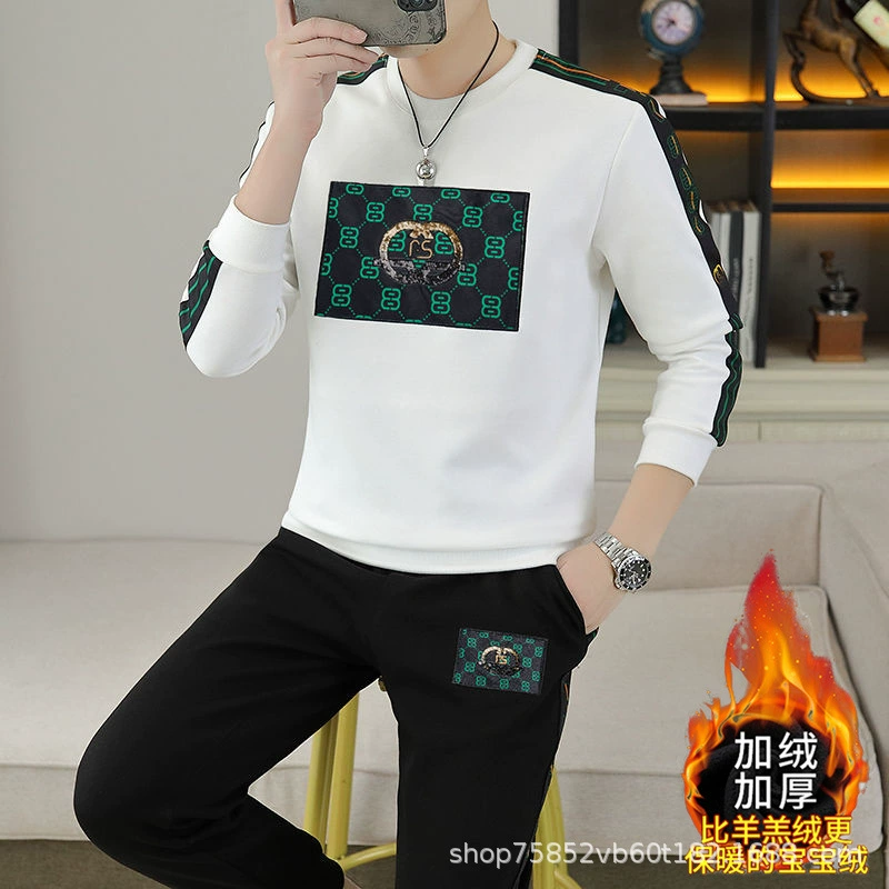 Новый комплект мужской одежды: толстовка с принтом и повседневные брюки, на флисовой подкладке, осенне-зимняя мода, новый трендовый принт для молодежи.