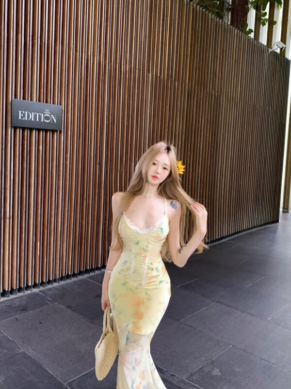 ホリデースタイルストラップバックレスサスペンダードレス女性の夏の花柄スカートホットガールウエストフィッシュテールスカートヒップカバーロングスカート|undefined