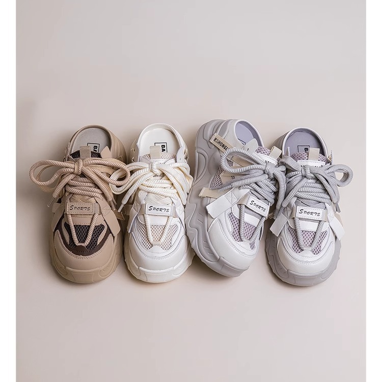 Baotou mitad zapatillas de mujer primavera y verano 2025 nueva red transpirable perezosas explosión de zapatos casuales de suela gruesa