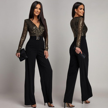 CY902224欧美亚马逊外贸新款性感深V亮片长袖宽松连体裤女装