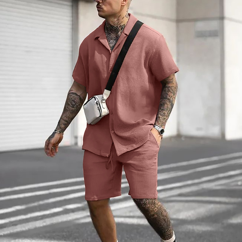 406g Weight Short Sleeve Sleeve Length Men's Solid Color Casual Turndown Short Sleeve Loose Men's Sets