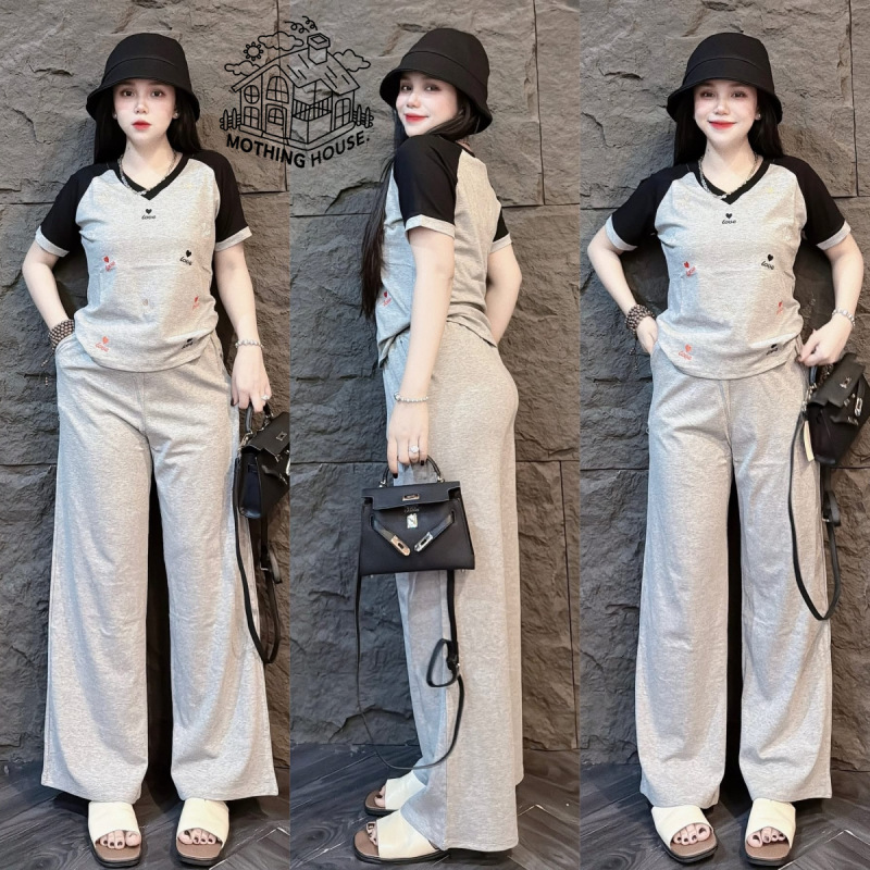 東南アジアのファッションスーツ女性の夏の新しいカラーブロックラブプリント半袖ハイウエストワイドレッグパンツカジュアルツーピーススーツ|undefined