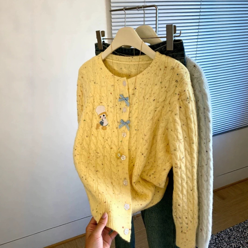 Embroidered Yarn Twist Sweater for Women 2026 Yellow Spring Lazy High-End Style Bow Knitted Cardigan Jacket