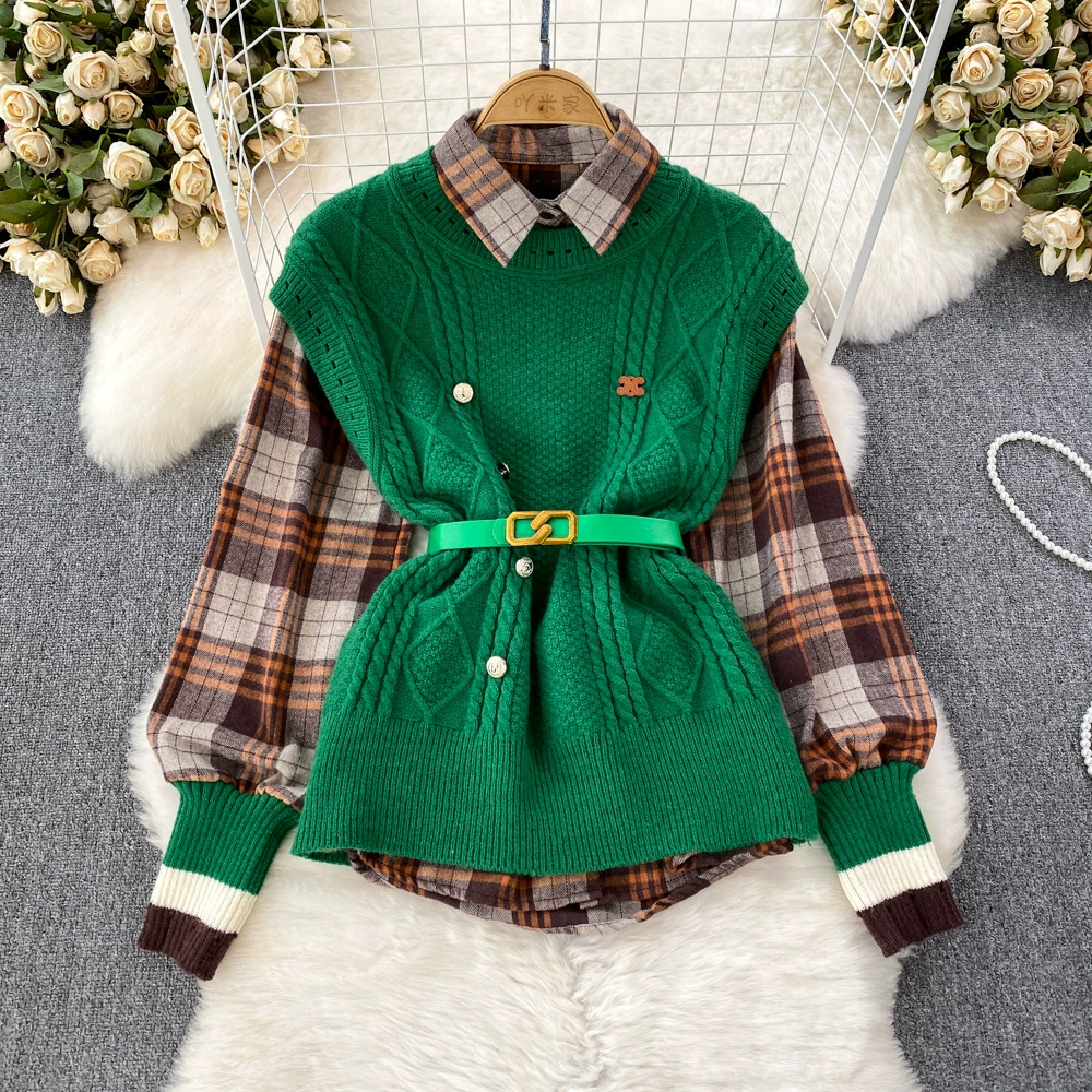 Осенне-Зимний вязаный жилет Sense, женская одежда из двух частей, модный винтажный костюм в клетку в стиле пэчворк, модный костюм