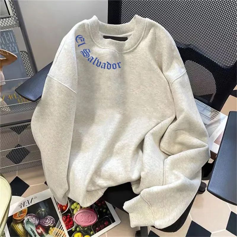 Cross-Border Fleece-Lined Thick Silver Fox Fleece Heavyweight Crewneck Hoodless Sweatshirt for Men with Neck Warmer, English Trendy Brand Print, Couple Style Sweatshirt