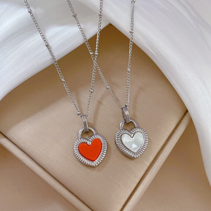 Fashion Heart Shape Titanium Steel Inlay Shell Pendant Necklace 1 Piece