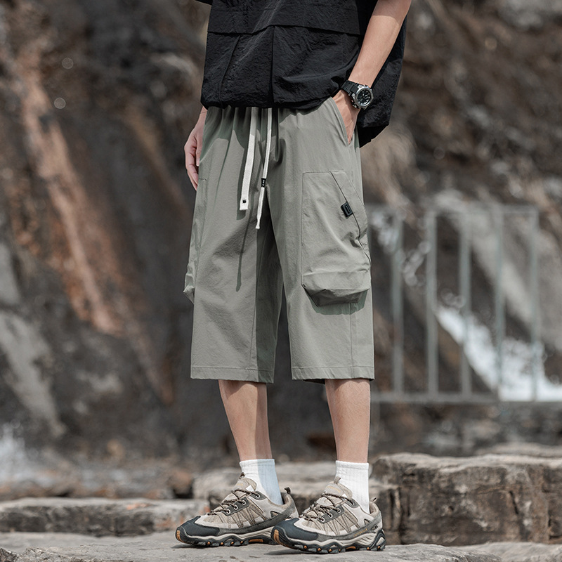 Summer Workwear Men's Cropped Pants, Thin and Breathable, Large Size Sports Beach Shorts, Loose-Fitting Wide-Leg Pants for Men