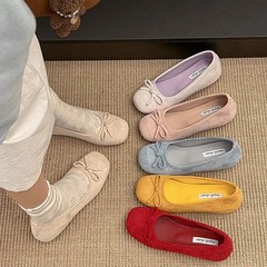 蝶結びの平底の靴の女性春秋2025新型のフランス式の小さい香りの風のピンクの角の頭の柔らかい底の四季の晩の靴