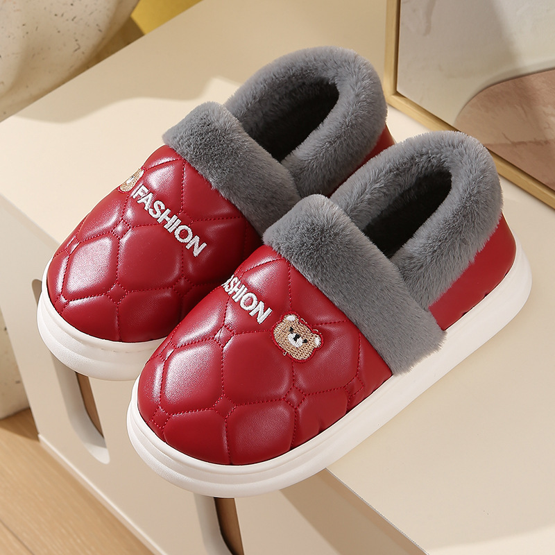 3.5CM厚底、ヒール付き、綿入りスリッパ、女性用、25新作、PUレザー、防水、秋冬、産後、屋外でも履ける、男性用、毛皮スリッパ|undefined