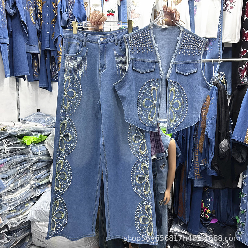 European Heavy-Duty Rhinestone Hollow Butterfly Sleeveless Denim Vest Top + High-Waisted Denim Pants Two-Piece Set Trendy