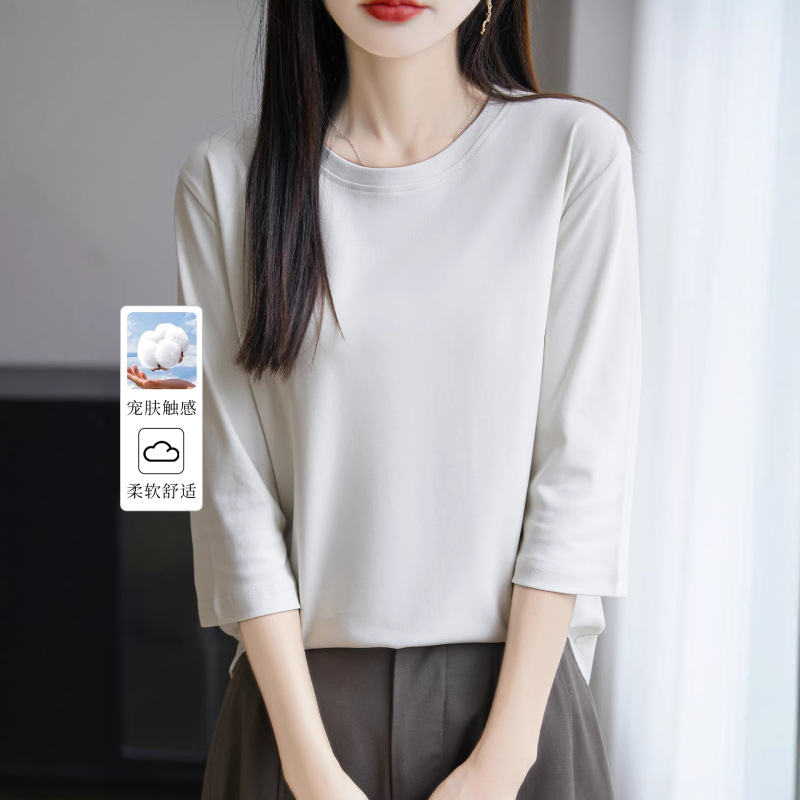 Spring and Summer New Style 100% Pure Cotton Round Neck Three-Quarter Sleeve T-Shirt for Women, Solid Color Loose Short-Sleeve Sweatshirt, Thin Base Shirt Top Spring and Summer New Style 100% Pure Cotton Round Neck Three-Quarter Sleeve T-Shirt for Women, Solid Color Loose Short-Sleeve Sweatshirt, Thin Base Shirt Top