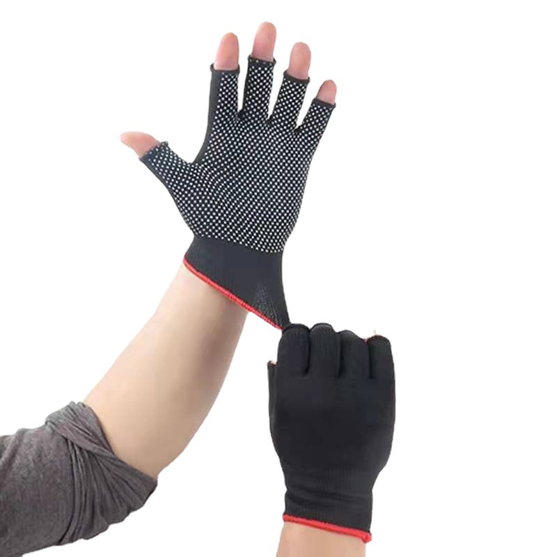 尼龙点胶露指手套园林园艺户外骑行晒露指点塑防滑工作手套