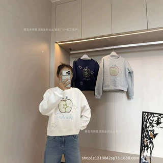 苹果2026秋季新款辣妹时尚百搭圆领印花刺绣卫衣女宽松显瘦上衣女