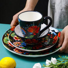 OMK 歐式西餐牛排盤不規則餐具手繪陶瓷沙拉碗馬克杯個性黑色盤子