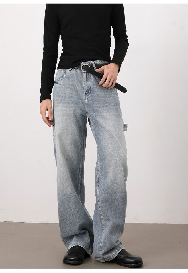 Quần jeans nam màu xanh nhạt dáng rộng ống đứng phong cách high street — Màu xanh dương chi tiết 17