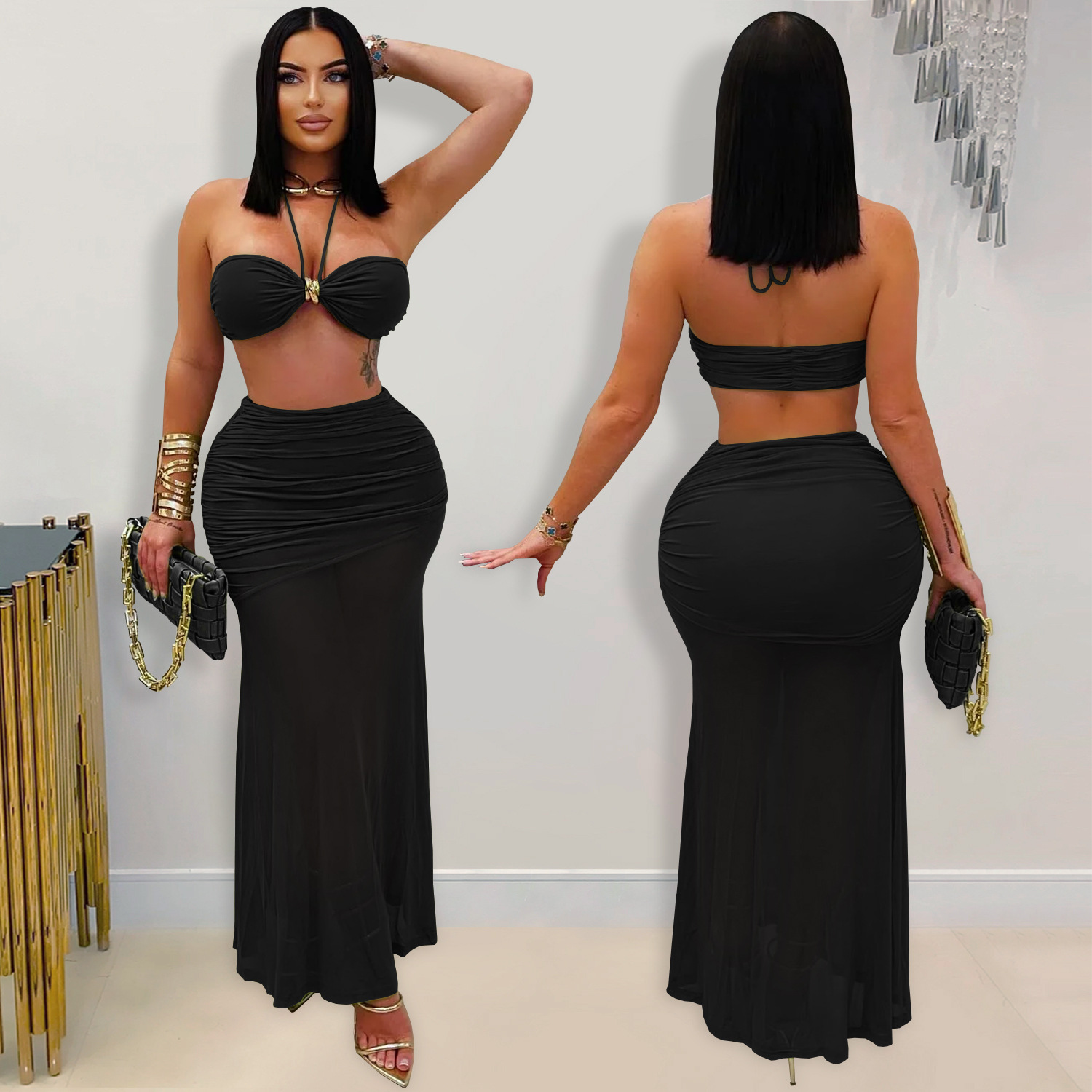 C7456 Cross-border AliExpress Amazon Moda europea y americana Ropa de mujer Tronco sexy Bolso Brazo Pliegues Falda de malla Nuevo