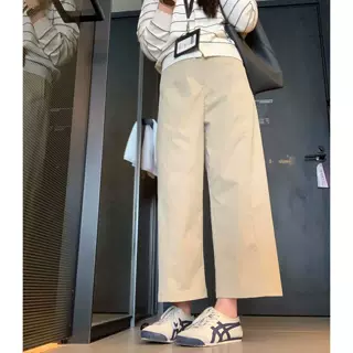 卡其色休闲工装裤女夏季宽松大码舒适松弛感小个子九分直筒遛弯裤