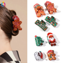 奇阅跨境亚克力圣诞发夹女卡通圣诞老人姜饼人抓夹圣诞节鲨鱼夹子