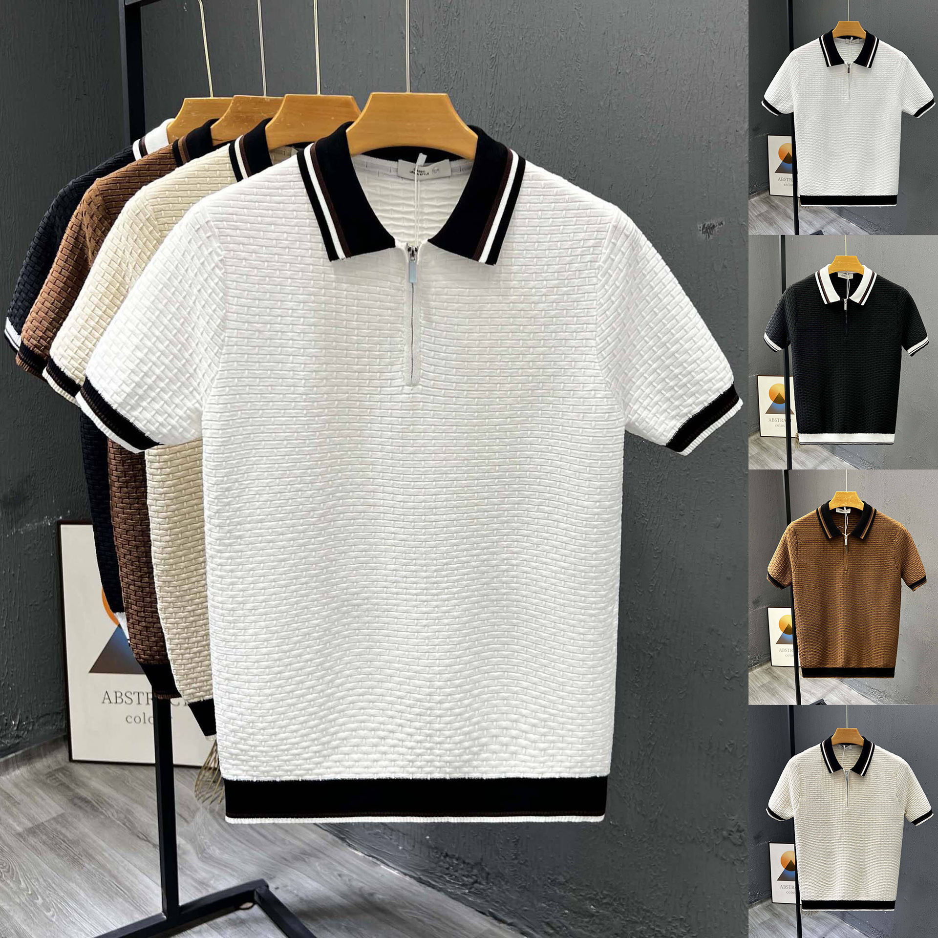 Polo camiseta de punto camiseta de manga corta hombre medio cremallera color retro camiseta casuales de verano fábrica transfronteriza al por mayor