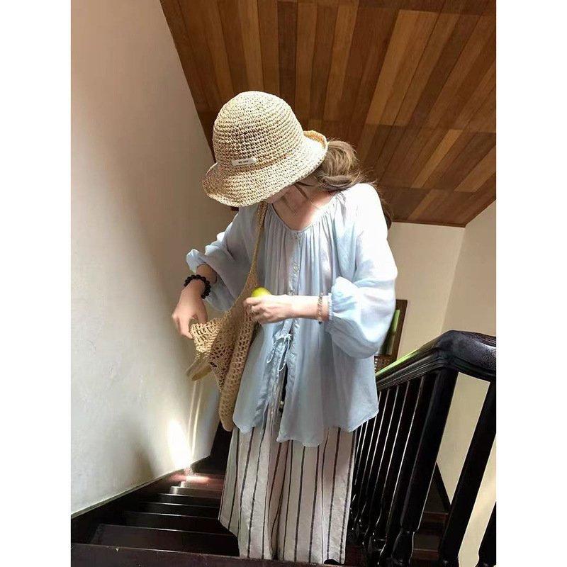 Korean Style Ramie Lightweight Reversible New Design Lace-Up Lazy Style Loose Shirt Grapefruit Pink Sea Salt Blue