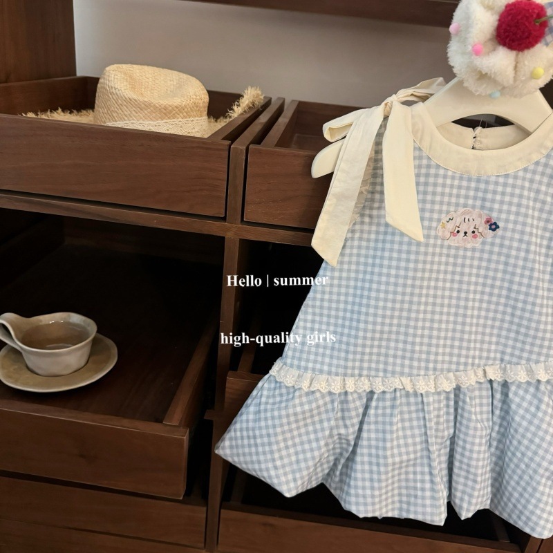 Vestido de siete niñas de limón salado verano versión coreana de dulce lazo azul a cuadros bebé lindo chaleco de capullo de flor falda de moda