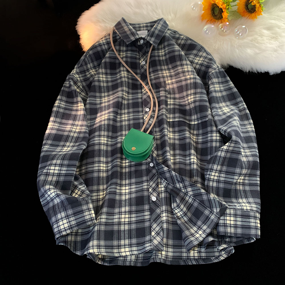 Otoño Hong Kong estilo camisa a cuadros hombres Pu guapo de alta calidad camisa de manga larga de moda marca de moda estilo japonés Capa delgada interior