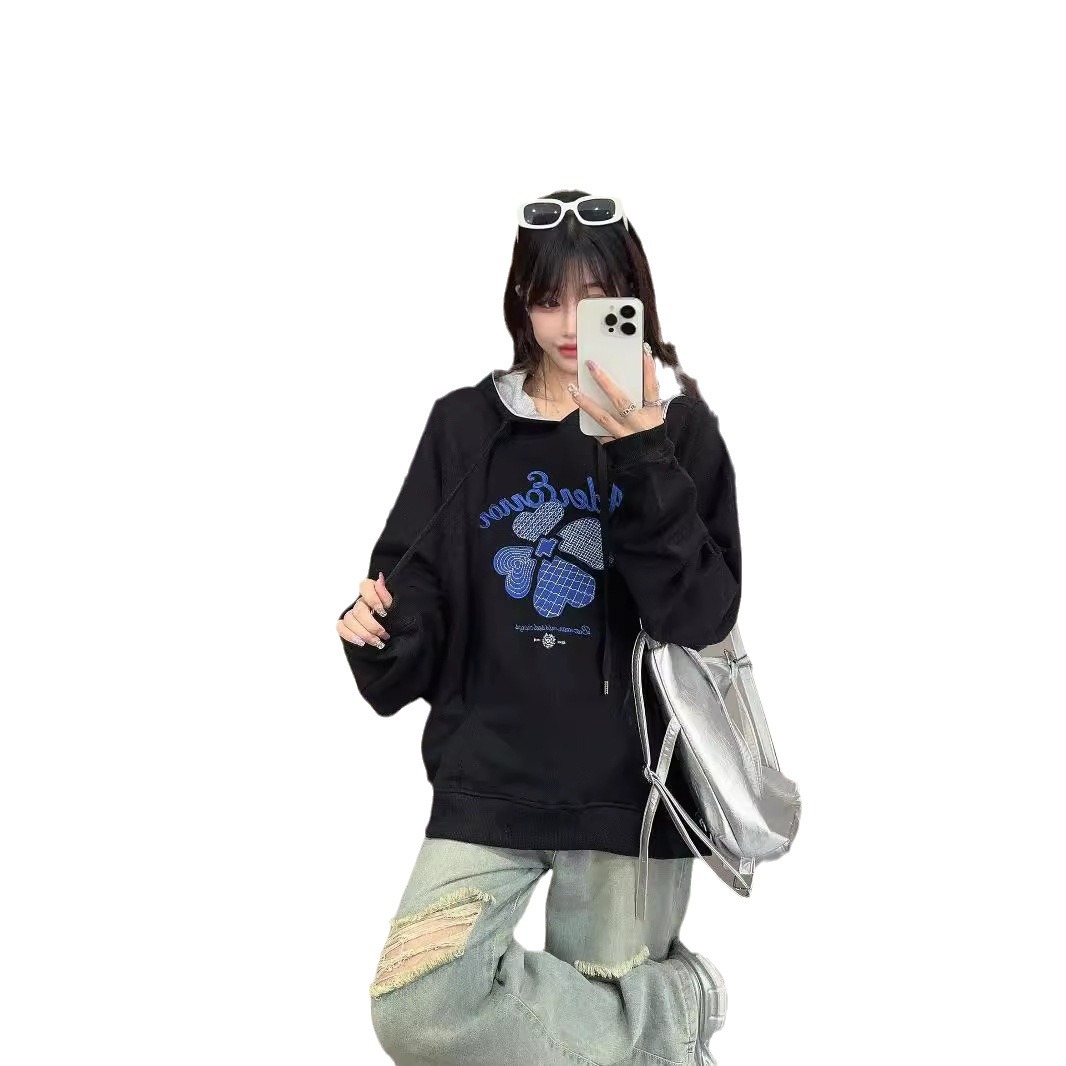 23 가을과 겨울 새로운 AE 유기농면 4 잎 클로버 천 자수 후드 실루엣 기모 간단한 패션 니트 스웨터