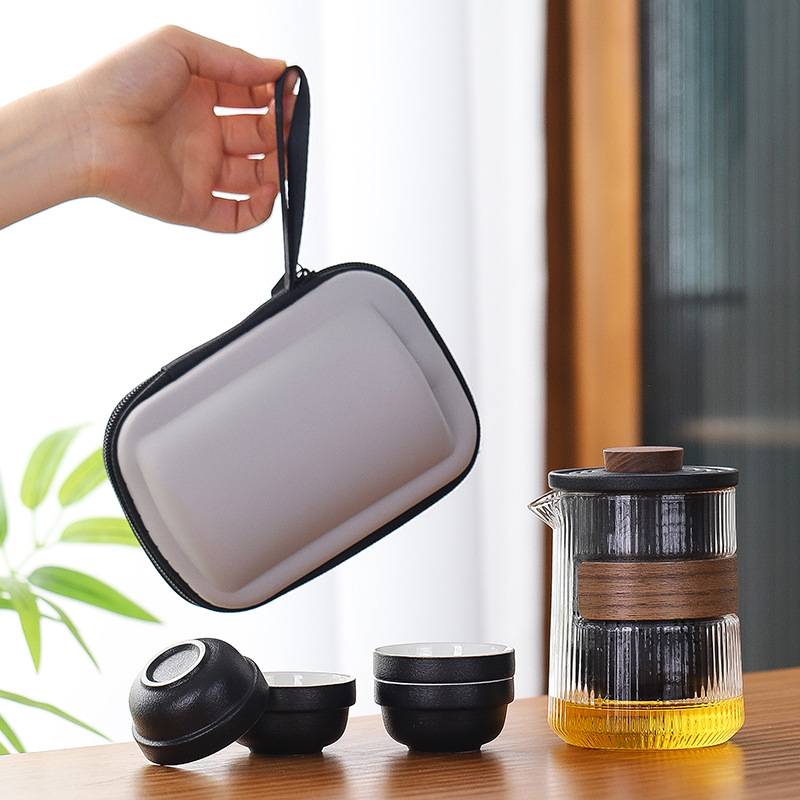 줄무늬 냄비와 컵 4개 - 우아한 블랙