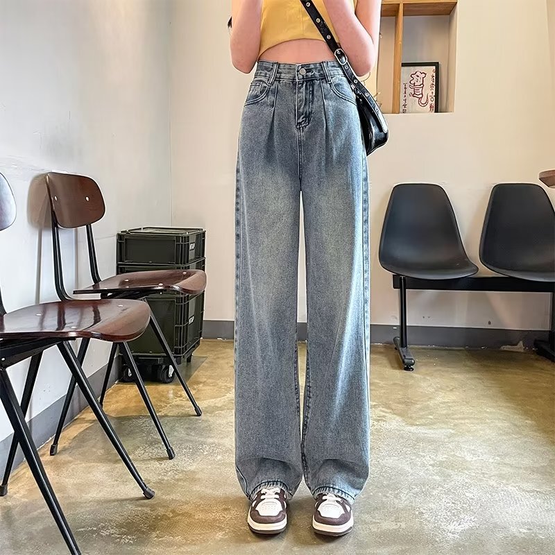 Vintage High Waist Jeans Women's Spring and Autumn 2024 New plus size chubby girl Loose Slimming Pants with Wide Legs