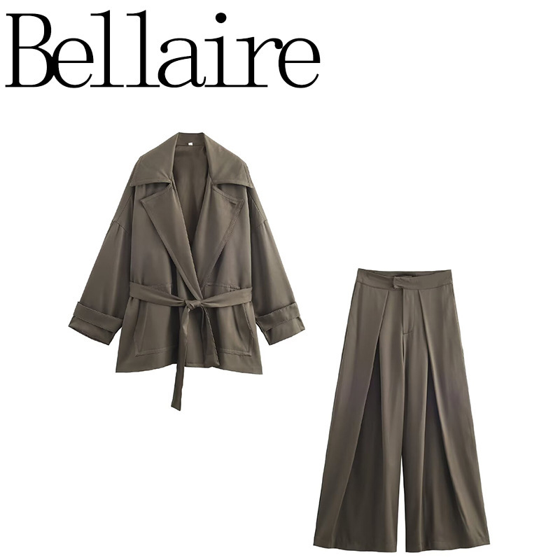 Za Foreign Trade Wholesale European and American Style French Women's Straight Belt Elegant Coat Trench Coat Mid-Waist Pleated Long Pants